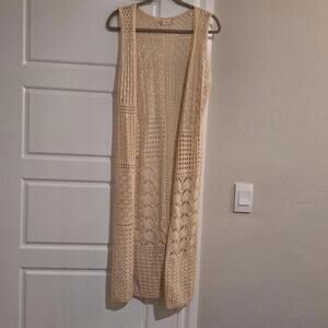 Altar'd State S/M Beige Tan Crochet Sweater Vest Duster Long Boho Cottagecore